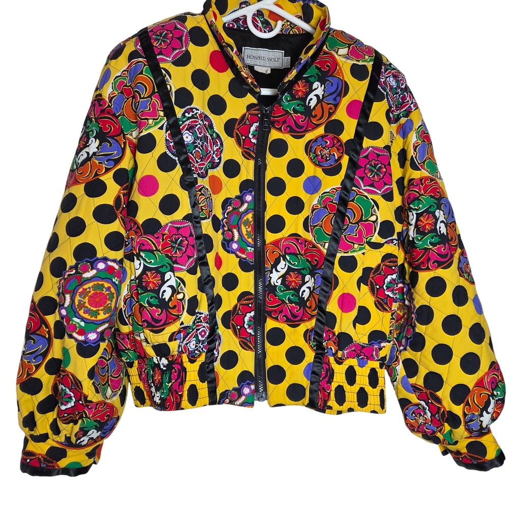 Vintage 80s Howard Wolf Quilted Jacket USA Polka Dot Shoulder Pad Women's S